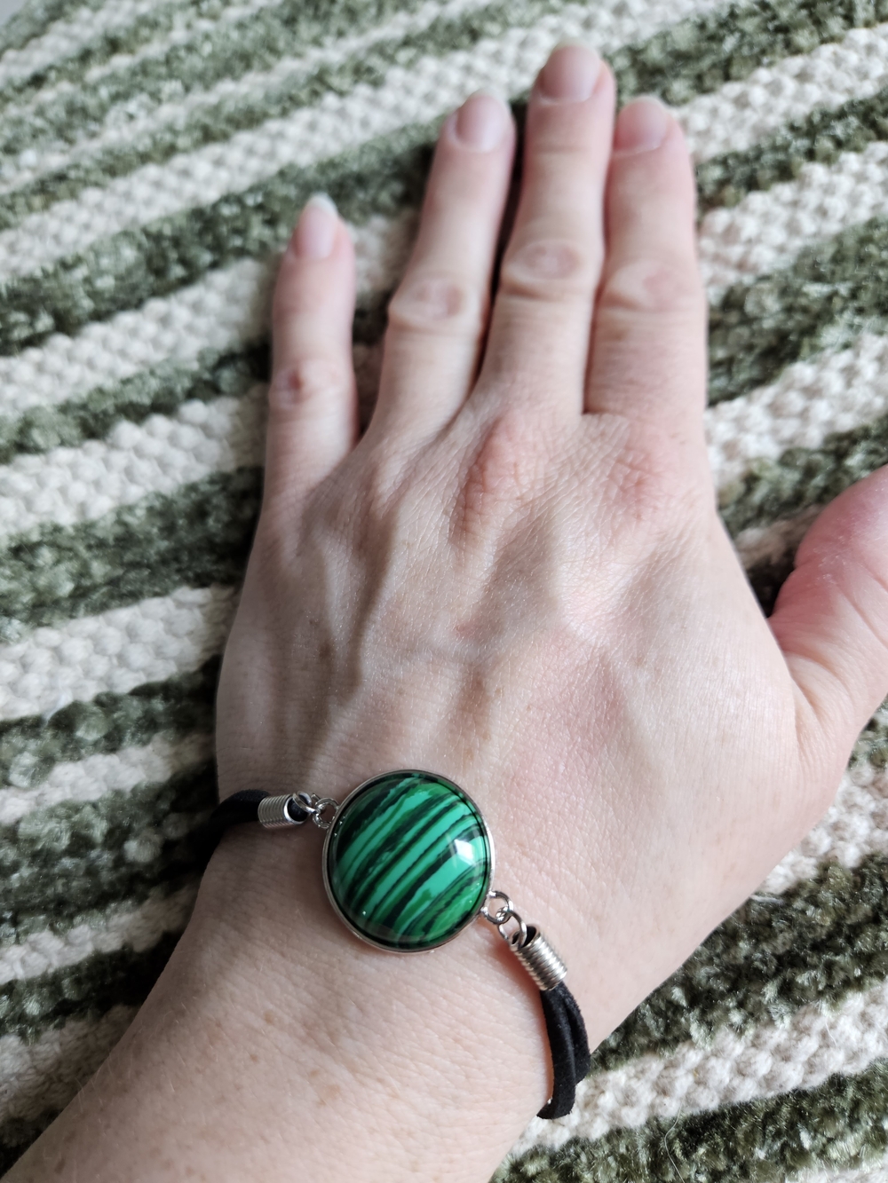 Green Striped Round Adjustable Cabochon Bracelet